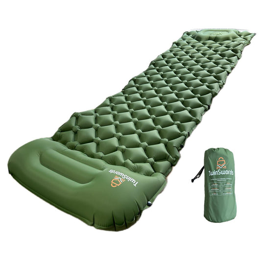 TwinSwords camping sleeping pad inflatable air mattress with integrated foot pump 