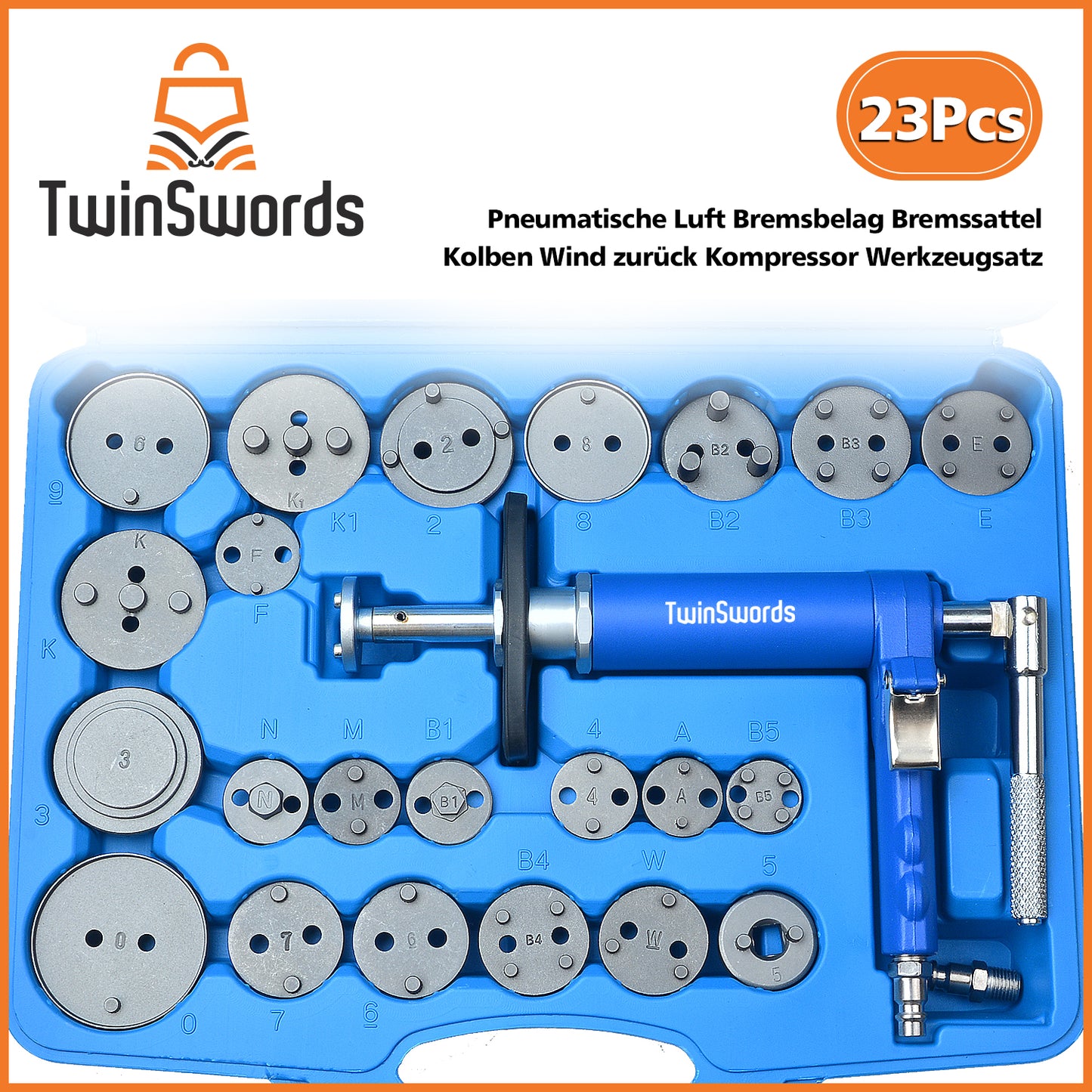 TwinSwords Pneumatischer Bremskolbenrücksteller | Druckluft Bremskolben Rücksteller Werkzeug set 23-teiliges 1 Set