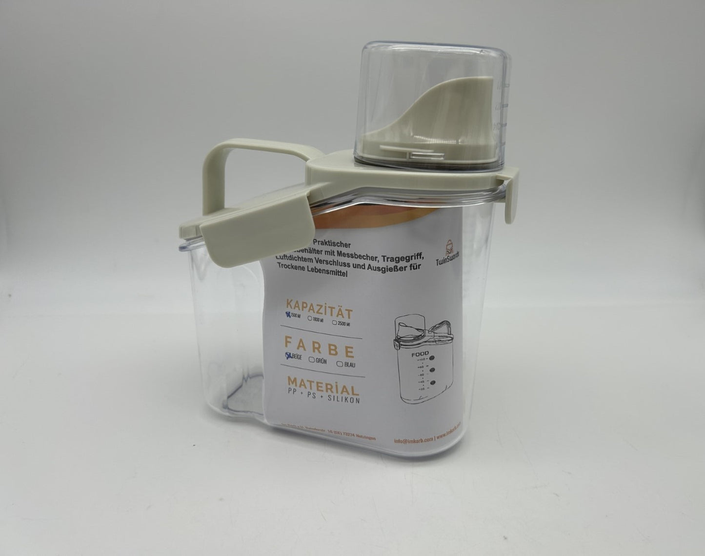 TwinSwords Praktischer Vorratsbehälter mit Messbecher, Tragegriff, Luftdichtem Verschluss und Ausgießer für Trockene Lebensmittel