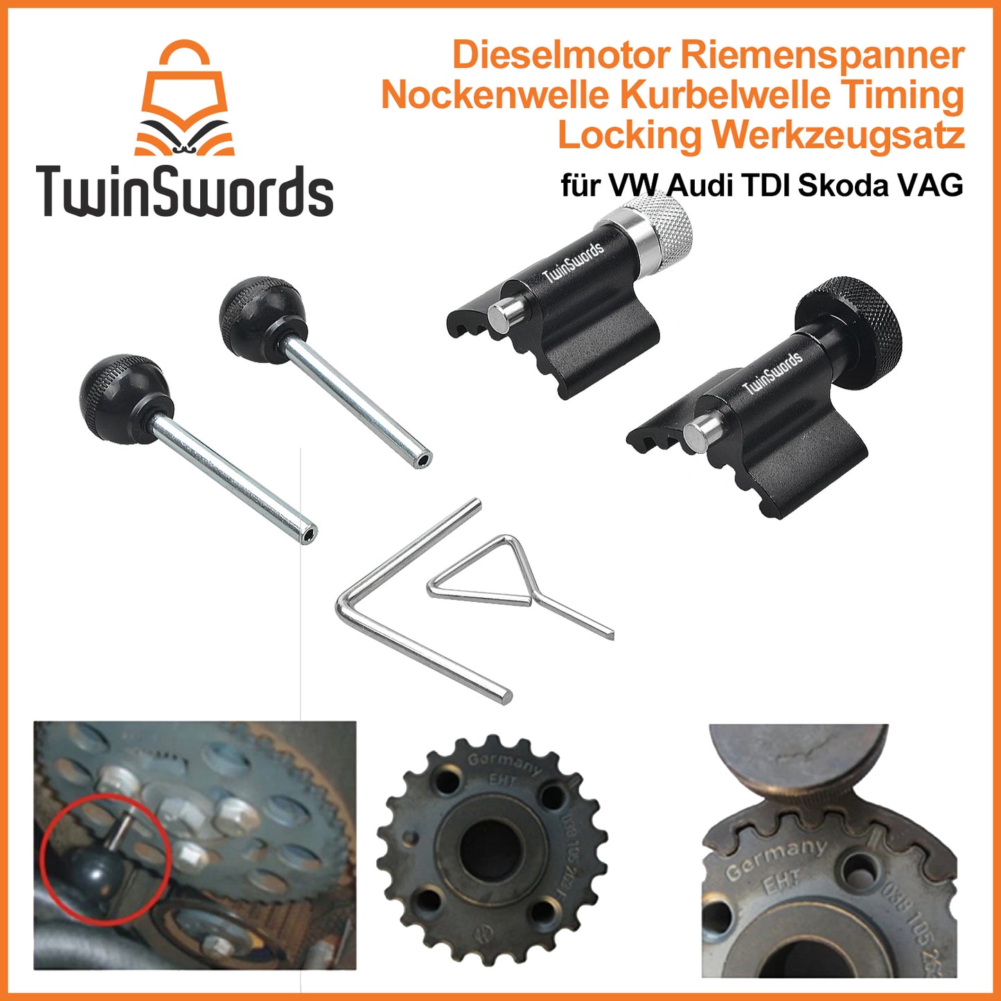 TwinSwords timing adjustment tool | Timing belt changing tool set | Camshaft locking tool for VW Audi Skoda 1.2, 1.4, 1.6, 1.9, 2.0 SDI/TDI - 6 pieces IK1134