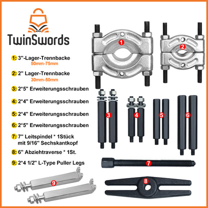 TwinSwords Lagerabzieher | Trennmesser für Kugellager | Lager Abzieher | Polradabzieher Trennvorrichtung 30-70mm 14-teiliges 1 Set